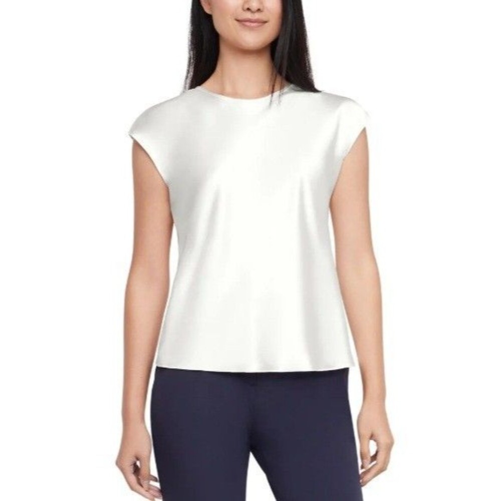 Express Women's Short Sleeve Crew Neck Satin Blouse Ivory Medium NWT